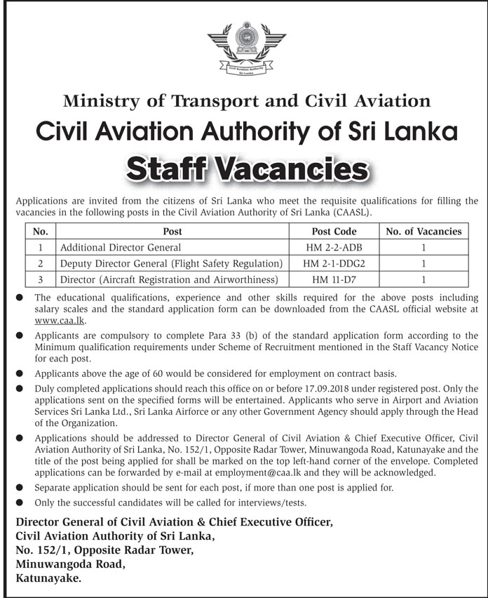 Additional Director General, Deputy Director General, Director - Civil Aviation Authority